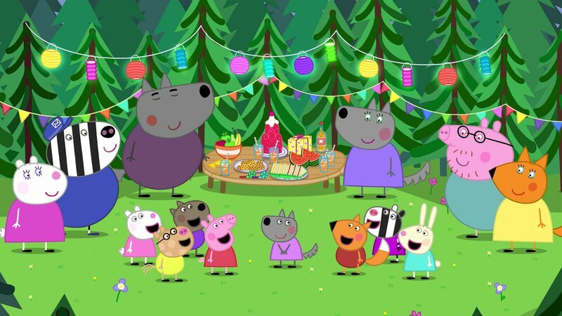 v.li.: Mummy Sheep, Daddy Zebra, Suzy Sheep, Daddy Wolf (hinter), Pedro Pony, Danny Dog, Peppa Pig, Wendy Wolf, Freddy Fox, Mummy Wolf (hinter), Zoe Zebra, Rebecca Rabbit, Daddy Pig, Mummy Fox – Bild: Paramount