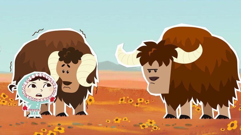 Zuhause in der Tundra angekommen, begegnet der Moschusochse Willy gleich seinem stärksten Feind. Es ist der starke Walter, der mit jedem sofort Streit sucht und ein Kopfstoßen als Wettkampf veranstalten will. Willy zögert, aber Inui ermuntert ihn, die Herausforderung anzunehmen. – Bild: ZDF/​JEP-Animations GmbH