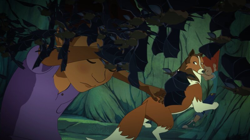 Harvey, Lassie und Zoé werden von einem Schwarm Fledermäusen überrascht. Die Tiere verlassen fluchtartig ihr Quartier in der Felsenkluft. – Bild: ZDF und Superprod