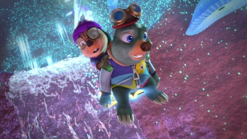 Auf seinem magischen Buch Mauli sitzend, fliegen Moley und Dotty, auf der Suche nach dem geheimnisvollen Schatz, durch eine bizarre, glitzernde Unterwelt. – Bild: ZDF and Two Daughters Entertainment Ltd