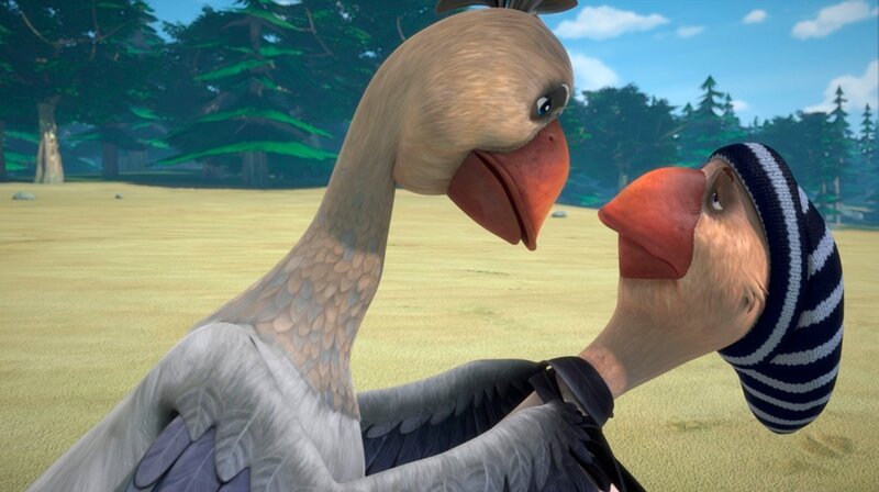 Akka kann es nicht fassen, dass Nils und Martin tatsächlich in die gefährliche Schlucht geflogen sind. – Bild: BR/​Studio 100 Animation/​Studio 100 NV