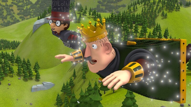 Noch genießen König Bleifuß und sein Ratgeber Ratzefummel den Flug über ihr Land. – Bild: ZDF/​Caligari