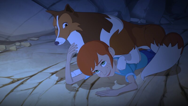 Lassie bringt Zoé in Sicherheit, als ein Nachbeben das Bergwerk erschüttert und Steine herabregnen lässt. – Bild: ZDF/​Superprod/​ZDFE