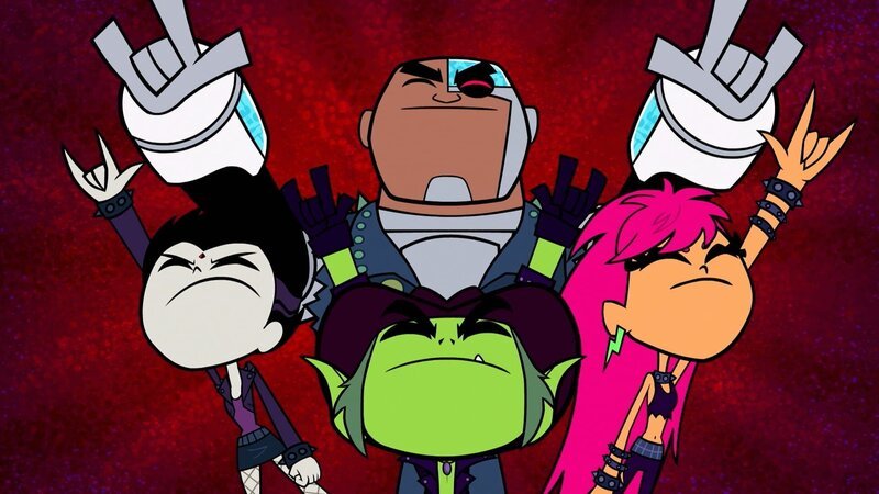 Raven (l.), Beast Boy (vorne), Cyborg (hinter), Starfire (r.) – Bild: Warner Bros. Entertainment Inc.