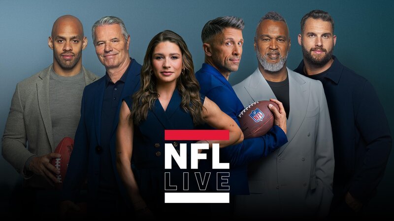 Die NFL Saison 25/26 mit V.l.: Kasim Edebali, Jan Stecker, Jana Wosnitza, Florian Ambrosius, Patrick Esume und Björn Werner – Bild: RTL /​ Anne Werner /​ Pascal Bünning