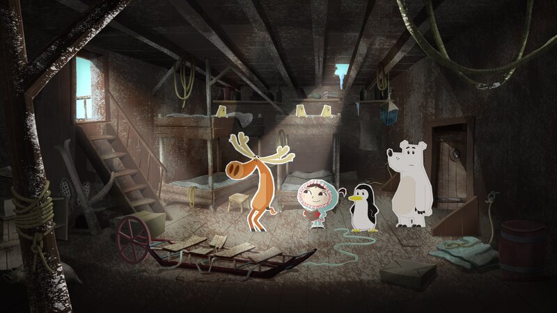 Inui und ihre Freunde haben ein altes Schiff entdeckt. In seinem Inneren entdecken sie Anzeichen dafür, dass sich hier einst Forscher auf eine Expedition zum Nordpol vorbereitet haben. – Bild: ZDF/​JEP-Animations GmbH