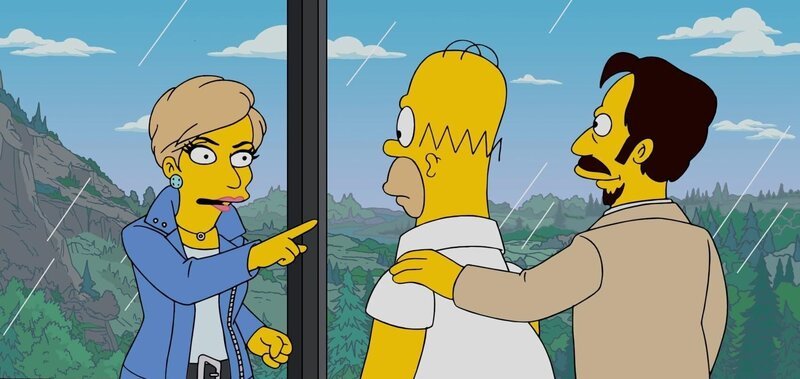 Bourbon Verlanders (r.) Idee, Roboter zu unterrichten, gefällt Homer (M.) und Suze Orman (l.) zunächst. Sie ahnen dicht, was wirklich für ein Spiel getrieben wird … – Bild: Fox