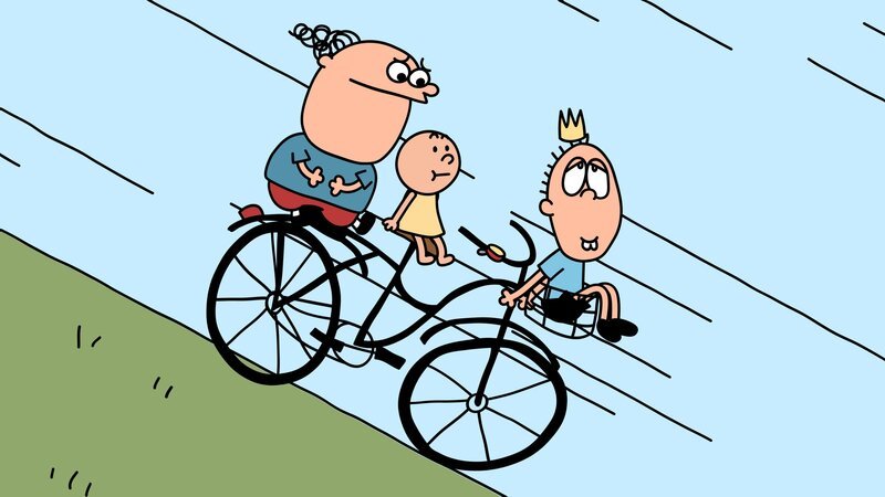 Trafalgar, Pulver und Oliver fahren mit dem Fahrrad schnell den Hügel hinunter. – Bild: NDR/​ DR & Nice Ninja