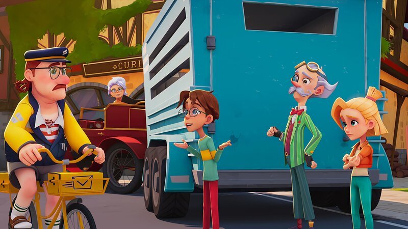 Leo und Sophie müssen die Dinos vor dem neugierigen Postboten verstecken. – Bild: KiKA/​MACK Magic/​Der Kinderkanal von ARD und ZDF