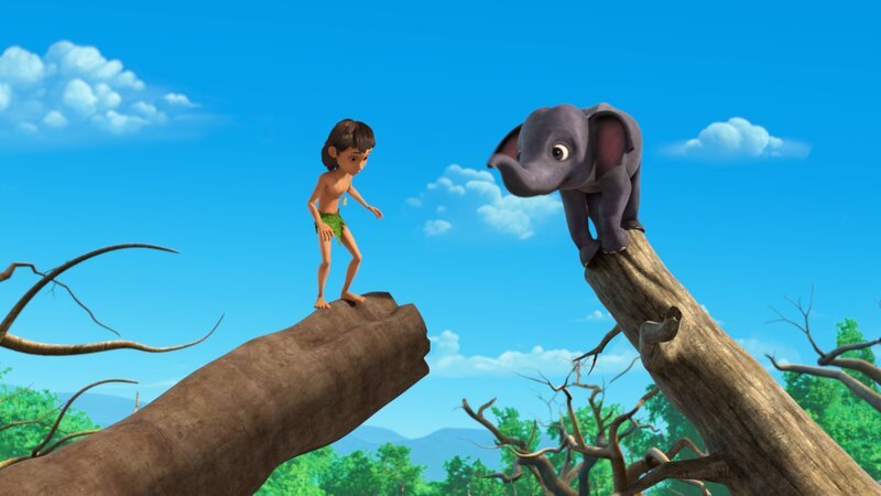 Hita konnte sich auf einem alten Baumstamm vor dem Krokodil Jakala in Sicherheit bringen. Mogli will dem Elefantenmädchen helfen. – Bild: ZDF und 2009 (c) DQ Entertainment (Ireland) Limited./​2009 (c) DQ Entertainment (Irela