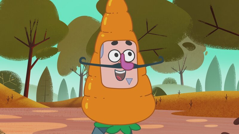 Als Möhre verkleidet soll der Zauberer die Kaninchen in den Hut zurück locken. – Bild: KiKA/​Dog Loves Productions Limited