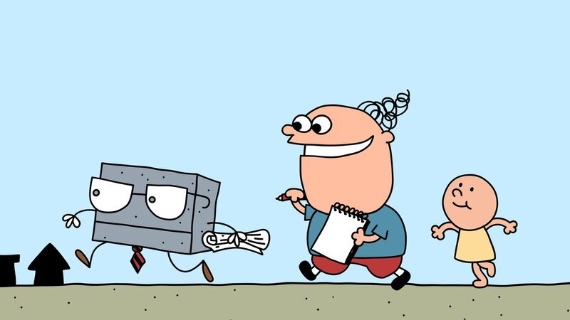 Trafalgar und Pulver jagen Herrn Zement, um ein Autogramm von ihm zu bekommen. – Bild: NDR /​ DR & Nice Ninja