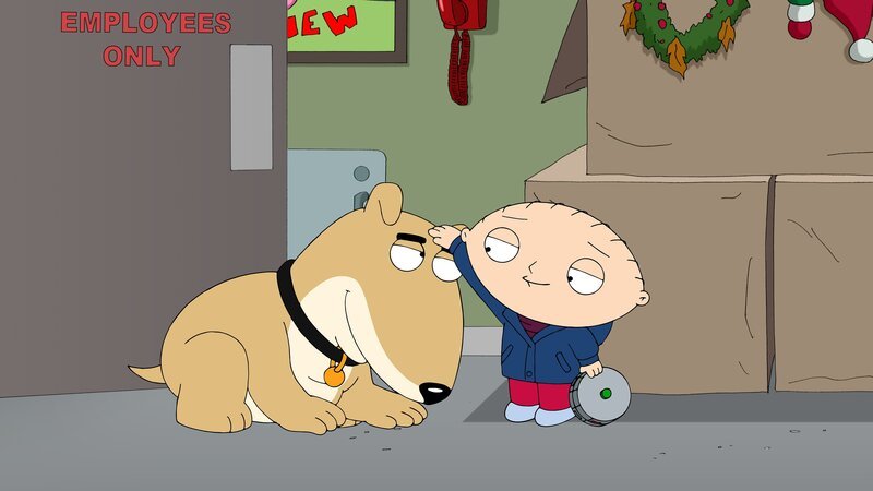 Obwohl sich Stewie (r.) irgendwie mit ihm angefreundet hat, wird Vinny (l.) Brian nie ersetzen können. Doch dann entdeckt er in der Shoppingmall sein zweites Ich aus der Vergangenheit und er wittert die Chance, Brians Tod mittels einer Zeitreise in die Vergangenheit verhindern zu können … – Bild: 2014 Twentieth Century Fox Film Corporation. All rights reserved. Lizenzbild frei