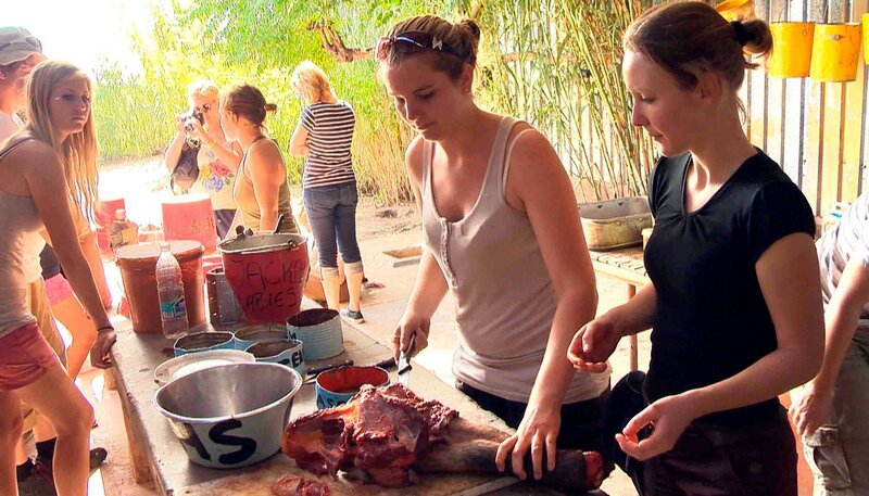ARD/​SWR DAS WAISENHAUS FÜR WILDE TIERE FOLGE 4, „Abenteuer Afrika“, SWR Dokuserie mit 40 Folgen, deren Schauplatz die Tierrettungsstation „Harnas“ am Rand der afrikanischen Kalahari-Wüste ist. Janine schneidet Fleischbrocken bissgerecht für Geparden, Löwen, Karakale und Wildhunde zu. – Bild: SWR