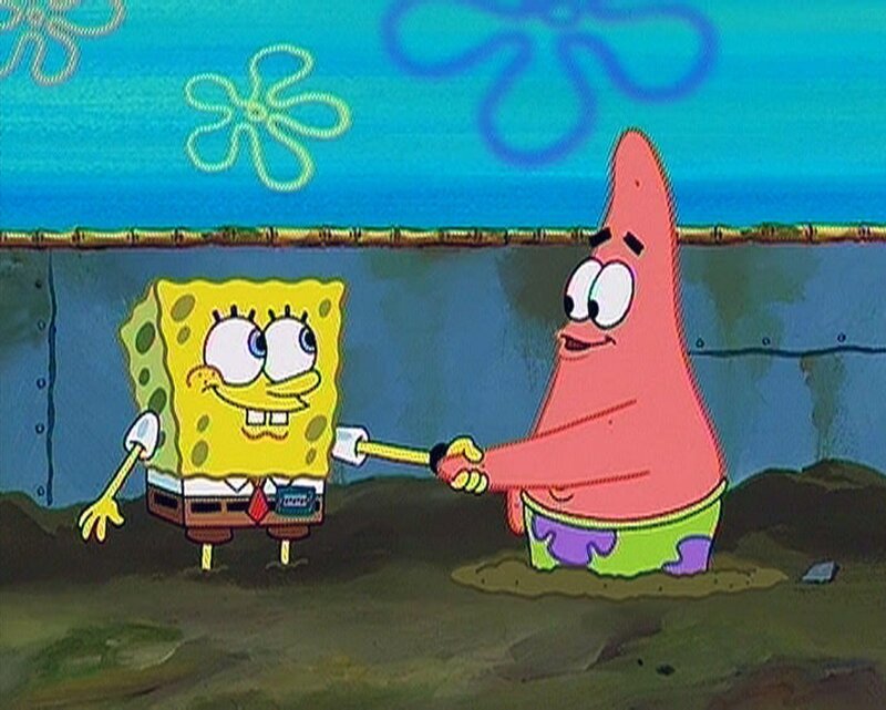 SpongeBob und Patrick haben sämtliche Mülltcontainer nach dem verlorenen Namensschild abgesucht, doch dieses ist nicht aufzutreiben. – Bild: MTV