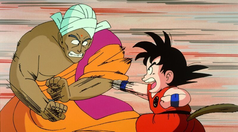 Nam verliert gegen Son-Goku. Muten-Roshi hilft ihm, damit er trotzdem Wasser für sein Dorf bekommt. Als Gegenleistung bittet er Nam um einen Gefallen … – Bild: Bird Studio/​Shueisha, Toei Animation
