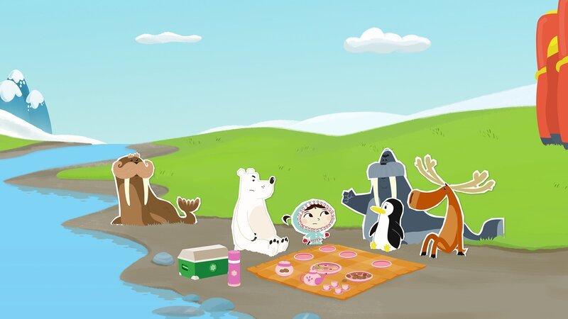 Als Inui (Mi.) und ihre Freunde zum Zelten fahren, treffen sie auf die beiden Walrösser Uwe (re.) und Ole (li.). Die glauben aber leider, alles besser zu wissen – und das nervt enorm. – Bild: ZDF/​JEP Animation