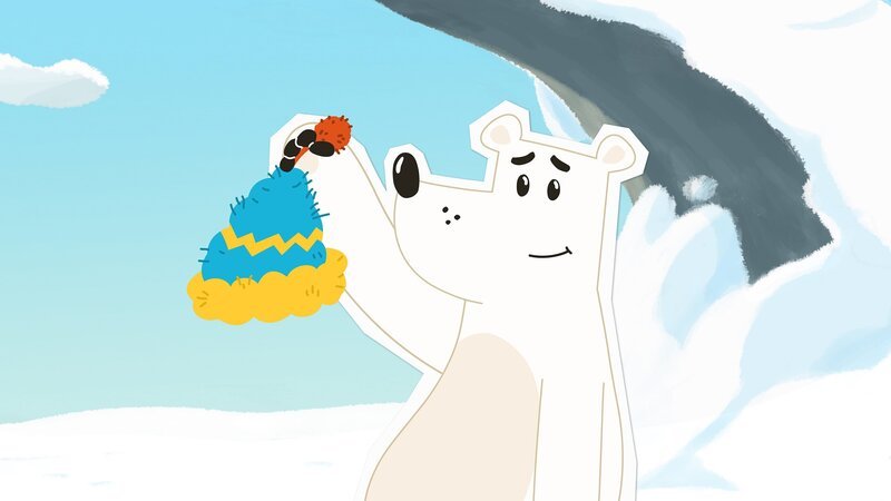 Grumpel ist begeistert: Irgendjemand hat ihm eine warme Mütze gestrickt und in die Nähe seiner Höhle gelegt. Aber wer war das wohl? Das will er nun unbedingt herausfinden – denn da scheint ihn jemand sehr zu mögen. – Bild: ZDF/​JEP Animation