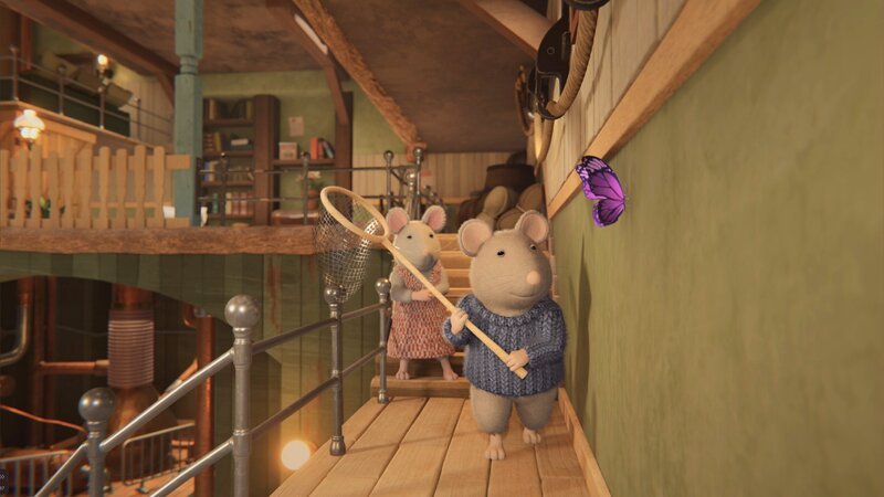 Sam (r.) und Julia (l.) wollen den Schmetterling einfangen, der sich ins Mäusehaus verirrt hat, um ihn dann draußen in die Freiheit zu entlassen. – Bild: Cielo Films – Caribara Production /​ ZDF