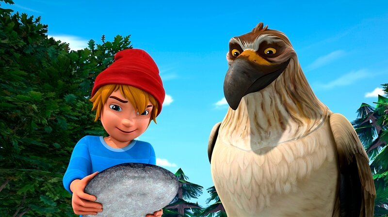 Gorgo und Nils finden einen Stein mit einer schwarzen und einer weißen Seite. – Bild: BR/​Studio 100 Animation/​Studio 100 NV