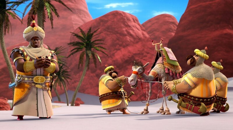 Sherazade und Halil geraten in einen Hinterhalt von Shazamans Soldaten. Sie kann fliehen, aber ihr Kamel Jamal und Halil bleiben in den Händen der Soldaten. – Bild: rbb/​Hahn Film AG /​ Chocolate Liberation Front /​ Toonz Entertainment /​ 1001 Nights Productions Pty Ltd