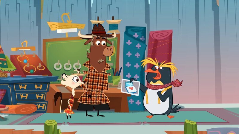 Sherlock Yack und Hermione befragen den Felsenpinguin. – Bild: ZDF/​Mondo TV