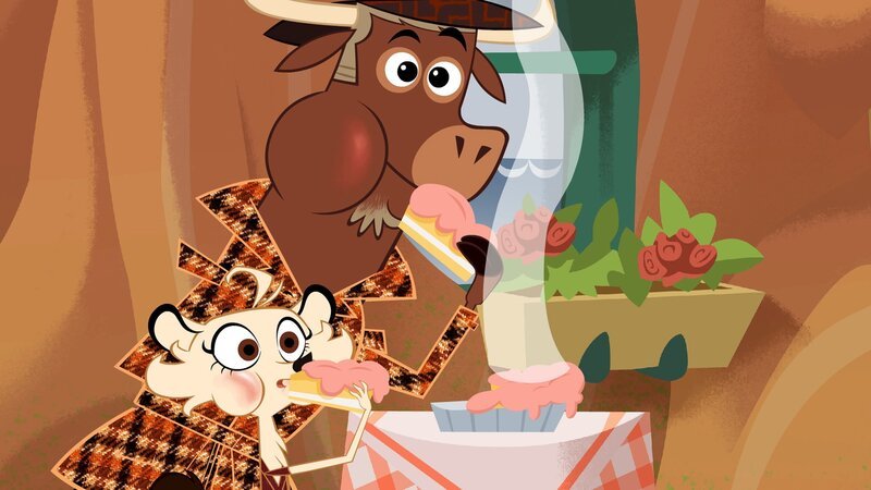 Sherlock Yack und Hermione probieren Frau Stinktiers Torte. – Bild: ZDF/​Mondo TV