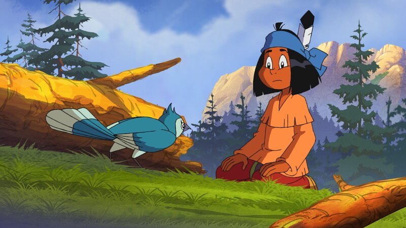 Als Yakari endlich einen Blauhäher entdeckt, ist dieser nicht ohne Weiteres bereit, Yakari seine Federn zu überlassen. Er stellt dem Indianerjungen drei Aufgaben. Für jede, die Yakari löst, bekommt er eine Feder. – Bild: WDR/​Storimages