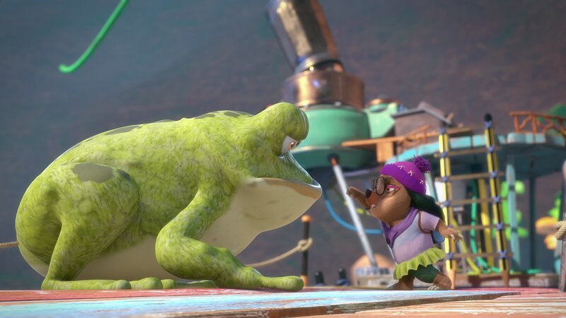 Dotty versucht der riesigen, grünen Kröte klar zu machen, dass sie auf keinen Fall mit Futter verwechselt werden möchte. – Bild: Two Daughters Entertainment Lt /​ ZDF