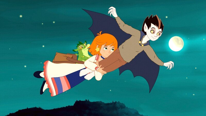 Der Fledermausjunge fliegt mit Lilli und Hektor am Nachthimmel. – Bild: ORF/​DOR Film/​Trixter Productions, Vivatoon