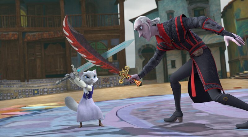 Die Serie erzählt die Geschichte des gestiefelten Katers, bevor er im Kino zum treuen Wegbegleiter des grünen „tollkühnen Helden“ Shrek wurde. Zu Beginn rettet der kampferprobte Kater die schöne Katzendame Dulcinea vor Dieben und folgt ihr anschließend heimlich in deren Heimatstadt San Lorenzo. Dort ist ein großer Schatz versteckt, auf den es die skrupellosen Diebe abgesehen haben. Doch als der Kater versehentlich den magischen Schutzzauber der Stadt zerstört, ist er der einzige, der San Lorenzo mit seinen dort lebenden Waisenkindern vor den Halunken beschützen kann. – Bild: ORF/​Universal