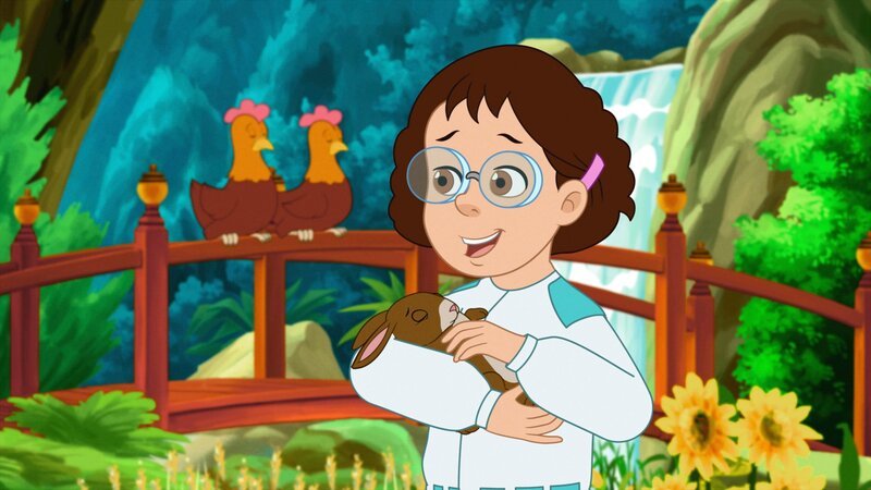 Wissenschaftlerin mit Hasen und Hühnern in der künstlichen Welt. – Bild: ORF 1