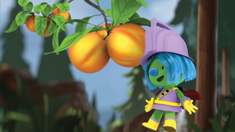 Daisy möchte die Pfirsiche mit Hilfe ihres Düsenrucksack pflücken. – Bild: KiKA/​The Jim Henson Company/​DHX Media