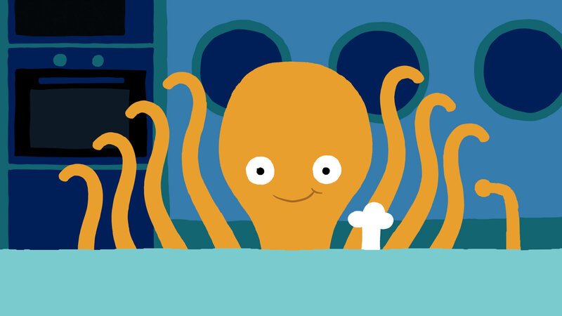 Guetnachtgschichtli - Animanimals - De Tintefisch. Der Tintenfisch möchte einen schönen Pfirsichkuchen backen. – Bild: SRF1