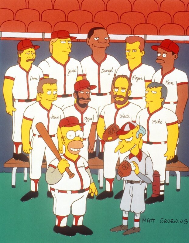 Die betriebseigene Baseballmannschaft von Mr. Burns (vorne r.) tritt im Städtewettkampf an. In der Regel ist diese Mannschaft nicht besonders erfolgreich. Diesmal aber tritt Homer (vorne l.) mit einem selbst gebastelten Schläger an … – Bild: ProSieben