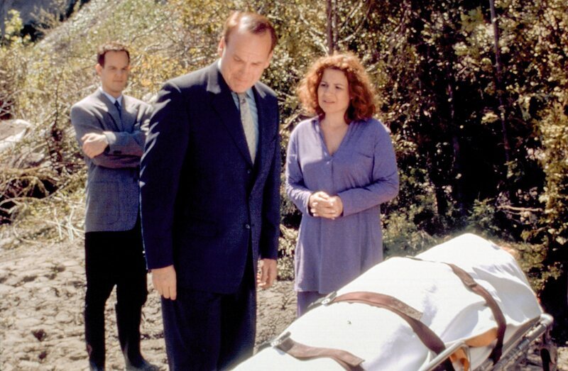 (v.li.): Jason Gray-Stanford (Lt. Randall Disher), John Bourgeois (Commissioner Harry Ashcombe), Linda Kash (Dolly Flint). – Bild: ORF/​Universal