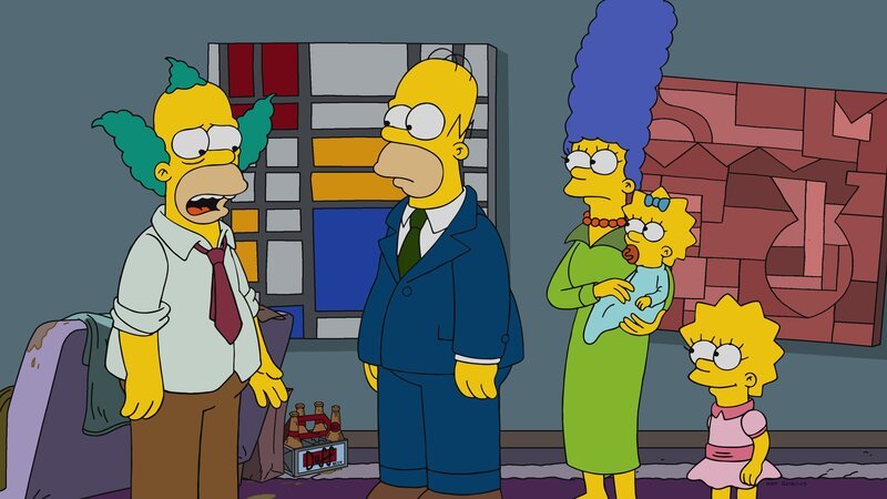 Nachdem der Ruf von Clowns plötzlich angekratzt ist, muss sich Krusty (l.) nach einer Alternative umsehen. Homer (2.v.l.), Marge (M.), Maggie (2.v.r.) und Lisa (r.) sind erstaunt, als er sich als richtiger Schauspieler versucht … – Bild: Fox and its related entities