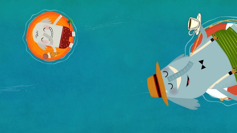 Beim Schwimmreifenballett piekst der kleine grüne Kaktus aus Versehen mit seinem Stachel ein Loch in Charlies Schwimmreifen und ab geht die Post. – Bild: rbb/​ahoifilm