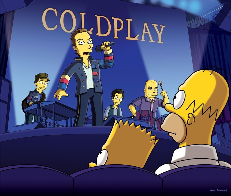Homer (vorne r.) hat in Lotto gewonnen und genießt daraufhin mit Bart (vorne l.) ein Spezialkonzert von Coldplay … – Bild: Twentieth Century Fox Film Corporation