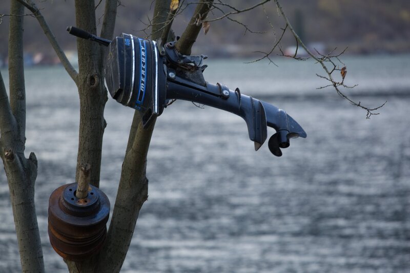 Odda, Norway – Boat engine hanging in a tree.  (National Geographic) – Bild: National Geographic
