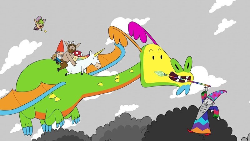 Balthasar, der Zauberer (rechts), hatte einen Drachen (Mitte) gefügig gemacht, der alle Farben aus der Welt heraussaugt. Doch der verschlagene Magier hat die Rechnung ohne die fünf Helden – Twinkle, Herbert, Hufius, Tupfen und Blümchen – gemacht, die Balthasar mit der Hilfe des Drachen überwältigen. – Bild: ZDF/​Tiger Aspect Kids & Family Limited, Movimenti Production, Zodiak Kids & Family France and Monello Productions