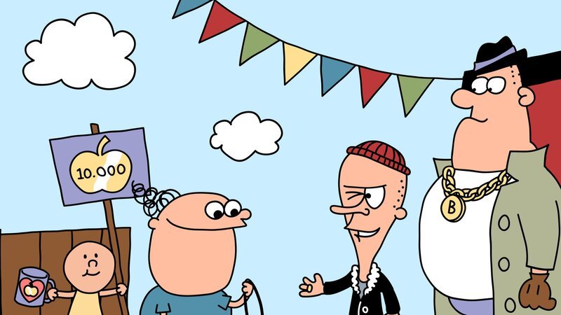 Brain will von Trafalgar alle Lose kaufen, damit er so den Hauptpreis, einen „Goldenen Apfel“, gewinnt. – Bild: NDR/​DR & Nice Ninja