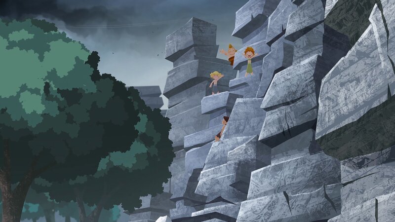 Entgegen Arons Ansage, befinden sich alle Kinder an den Felsen im Wald, als der Tornado durchs Tal fegt. – Bild: KiKA/​hr/​TF1/​GO-N Productions