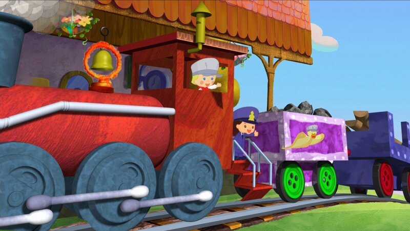 Zoé, Yasemin und QuackQuack haben es geschafft, mit dem Zug einen steilen Berg nach oben zu fahren. – Bild: KiKA