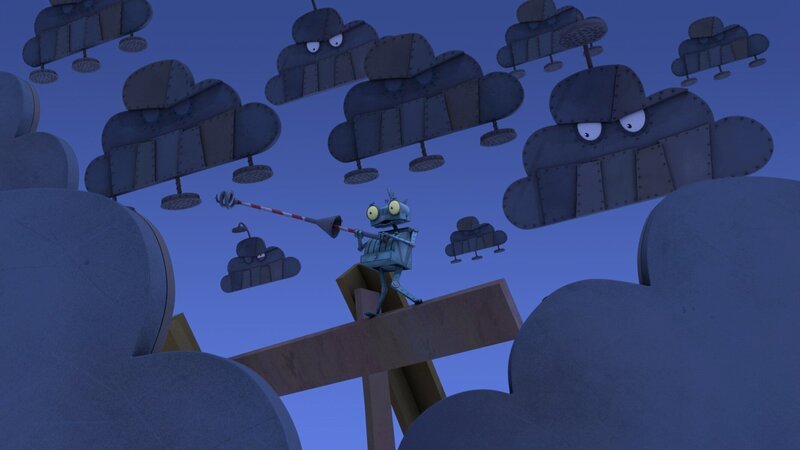 Schrottlands Wolken haben echt schlechte Laune – und Rösti klettert auf ein Gerüst, um sie zu besänftigen. – Bild: ZDF/​Caligari