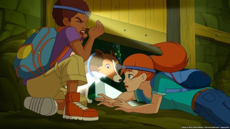 In der alten Mine schließen sich plötzlich alle Türen und Tore. Harvey, Zoé und Lassie versuchen sich zu retten. – Bild: ZDF/​Classic Media/​DC Entertainment/​Superprod