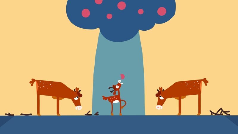 Der kleine Hirsch isst den Apfel, die großen Hirsche müssen zuschauen. – Bild: KiKA /​ SWR /​ Julia Ocker /​ Studio Film Bilder