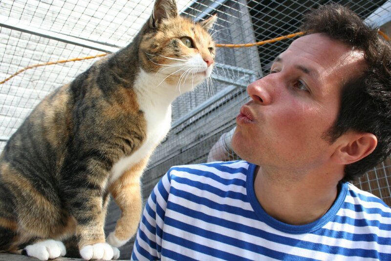 Willi mit einer Hauskatze im Walter Zoo in Gossau in der Schweiz. Die Tiertrainerin Gabi Federer bringt diesen Katzen besondere Kunststücke bei. – Bild: BR/​megaherz gmbh