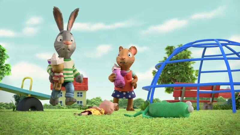 Pip und Posy haben neue Spielzeuge und deshalb Schweinchen und Froschi links liegen gelassen. Das tut ihnen jetzt leid. – Bild: ZDF/​Magic Light Pictures LTD 2023