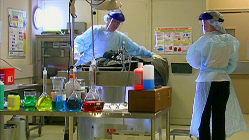 Die verbrannte Leiche wird in der Gerichtsmedizin untersucht. Können sie noch Spuren, die auf den Täter hinweisen, finden? – Bild: c/​RTL II